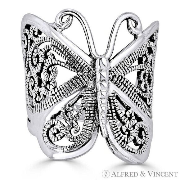 Butterfly Ring Filigree Oxidized 925 Sterling Silver Wholesale Butterfly Animal Charm Filigree-Detailed Ring in .925 Sterling Silver - Size 9